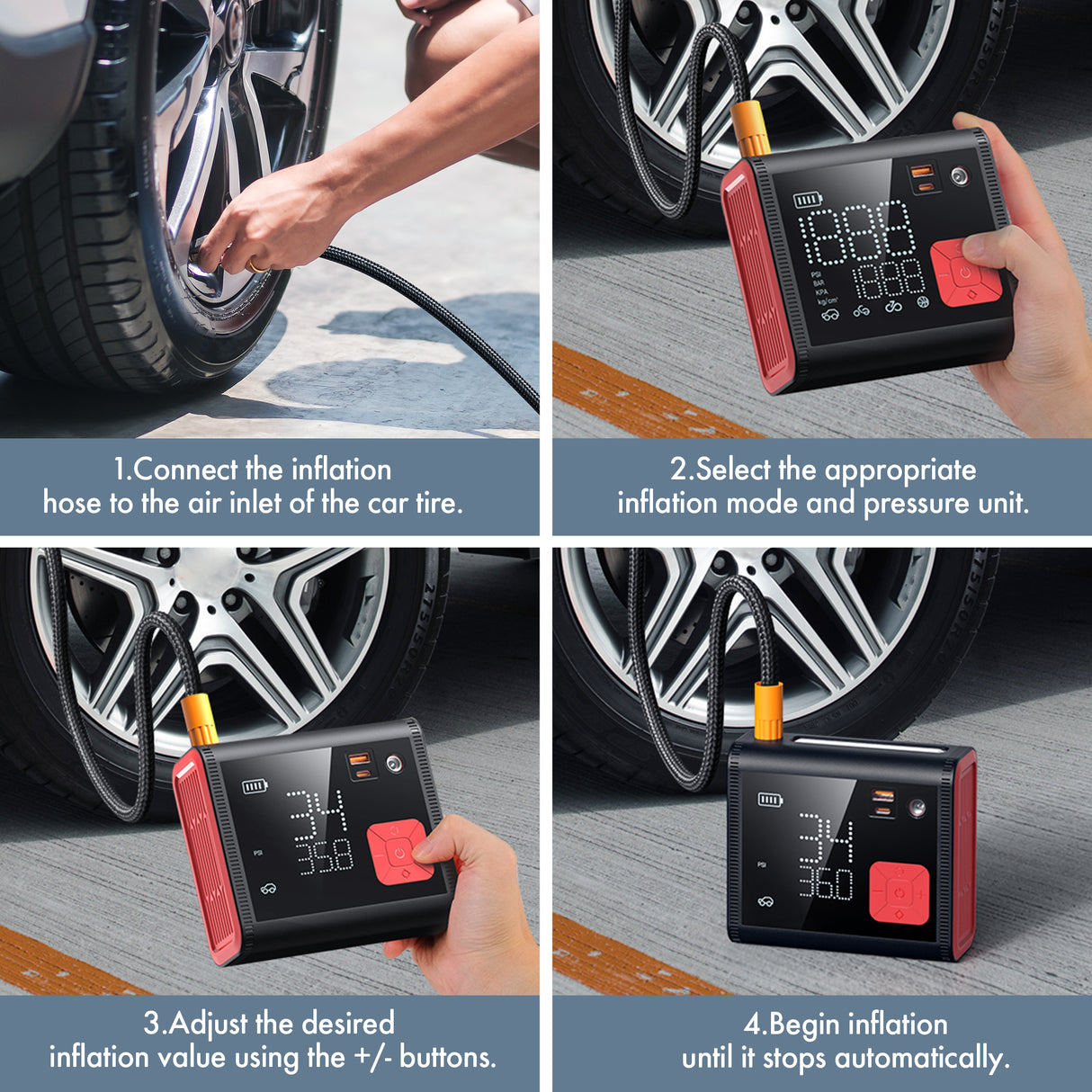 Anykit Tire Inflator Portable Air Pump, 4X Faster Inflation, 12000mAh Battery & 12V DC Dual Power Electric Tire Pump 150PSI with Gauge Pressure for Pickup Trucks, SUVs, Cars, Motorcycle, Bike