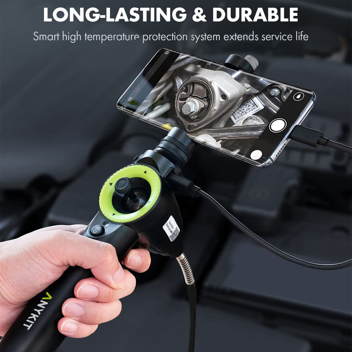 Anykit 360° 4 Ways Articulating Borescope, Industrial Endoscope with 0.26 in Articulated Snake Camera, Inspection Camera with 4 Adjustable LED Lights Compatible with iPhone and Android - 3.3ft