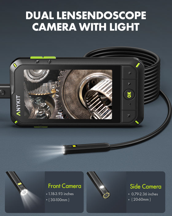 Dual Lens Borescope Inspection Camera, Anykit 7.9mm Endoscope Camera with 4.0" IPS Screen, Sewer Camera with 8+1 Adjustble LED Lights, IP67 Waterproof Snake Camera, 16.5ft Semi-Rigid Cable, 32GB Card
