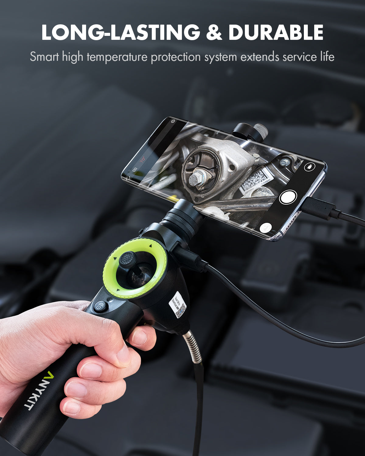 Anykit 360° Articulating Borescope, Joystick Articulating Endoscope Inspection Camera with Steerable Probe for Automotive Aircraft Mechanics, Compatible with iPhone and Android (6.5mm/3.3ft)