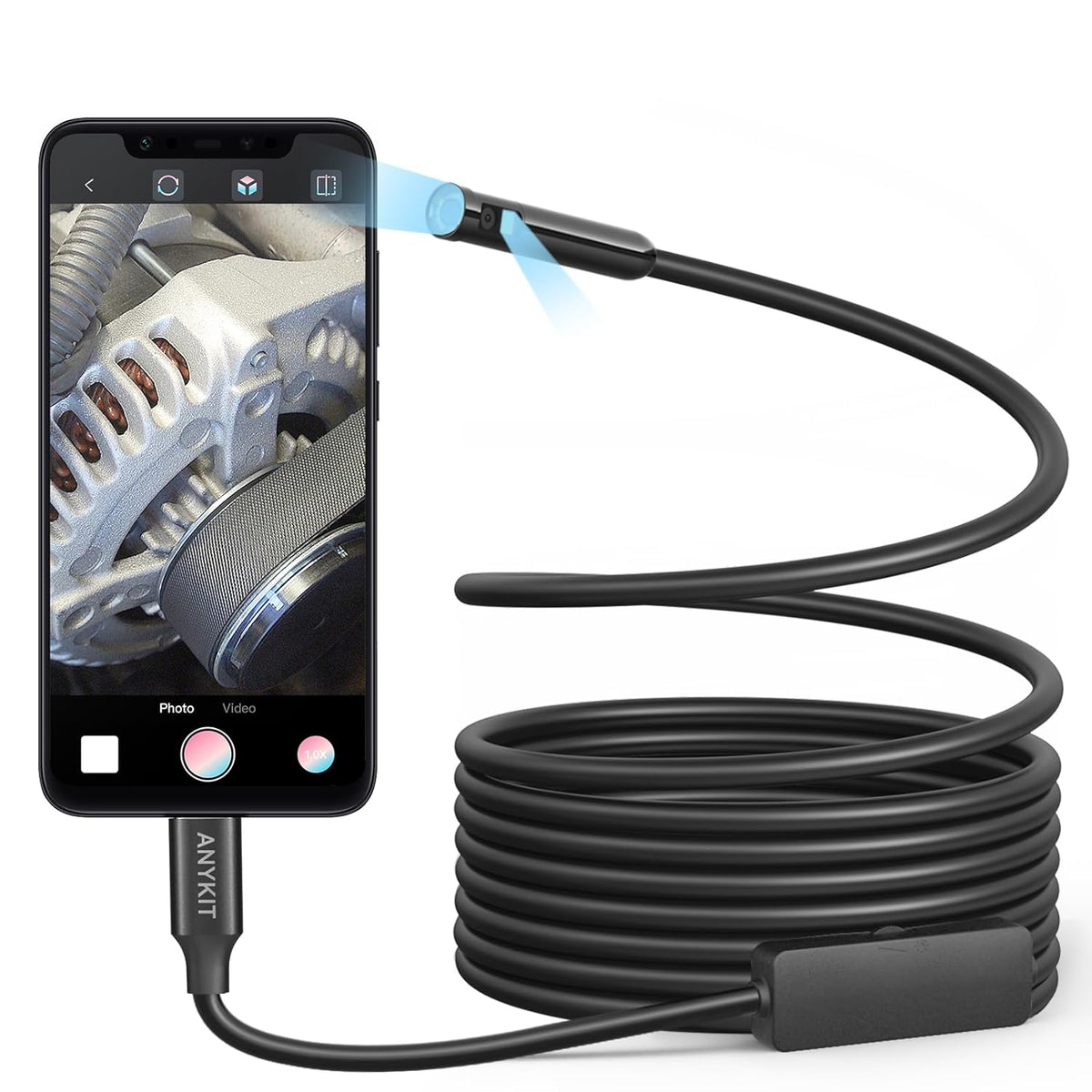 Dual Lens Endoscope Camera with Light, Anykit 2 in 1 USB Borescope with 8 Adjustable LED Lights, IP67 Waterproof 8.0mm Inspection Camera for iPhone, iPad, OTG Android Phones,10ft Semi-Rigid Cable